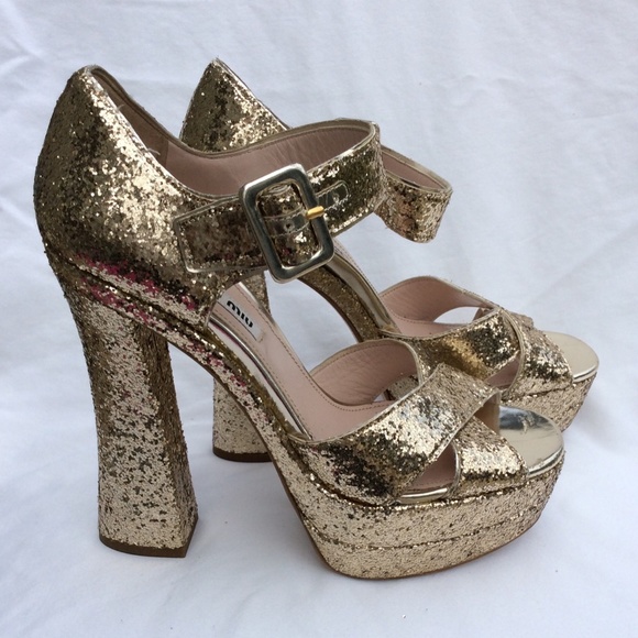 Miu Miu Glitter Crisscross Mary Jane Sandal, Gold - Picture 5 of 7